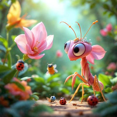 The primary subject of the image is a cute, pink, flower-like creature with big eyes, standing in a field of flowers. The setting is a lush, colorful garden with a variety of flowers, including a prominent pink flower. The visual style is a combination of digital art and illustration, creating a whimsical and vibrant atmosphere. The colors and mood are predominantly pink and cheerful, with the pink flower and the cute creature being the main focus of the scene.